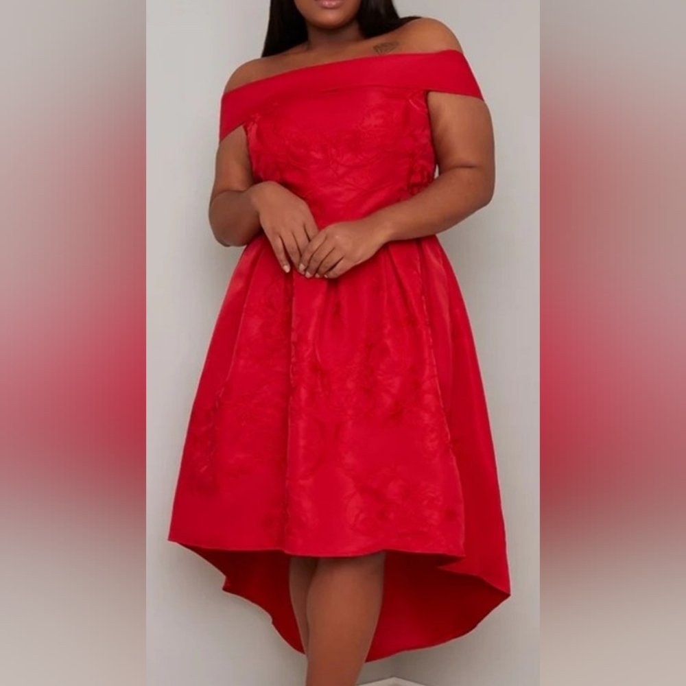 Chi Chi London “Heloise” Jacquard Off Shoulder High Low Midi Dress